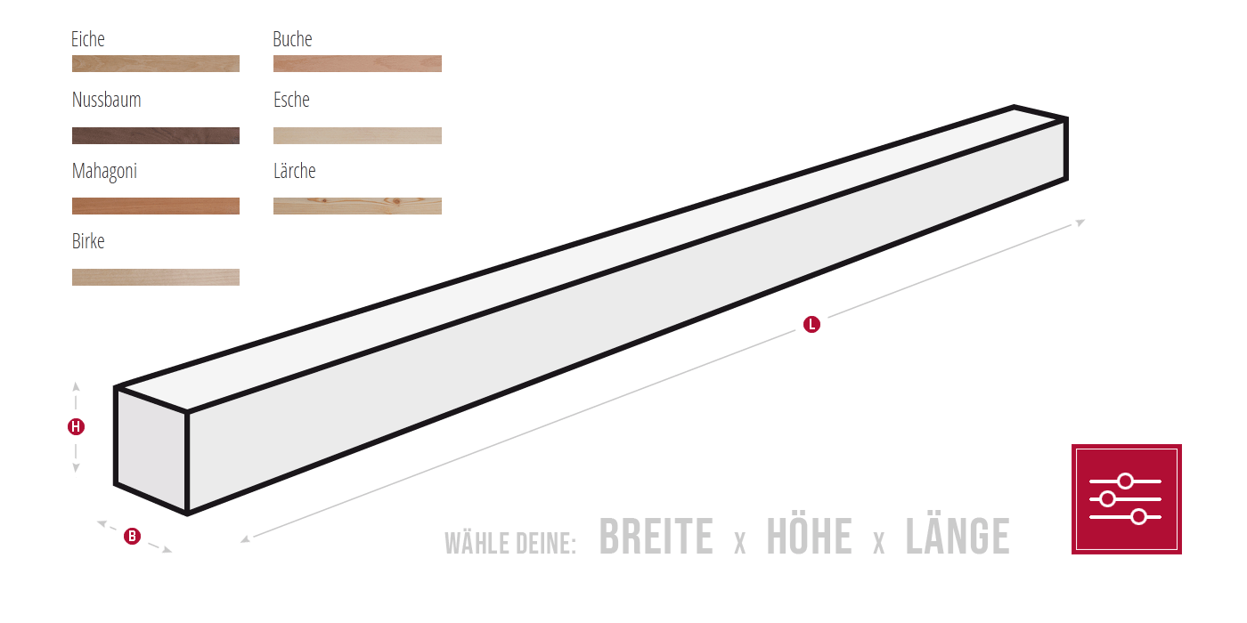 Holzleistenkonfigurator - Zuschnitt nach Maß für Vierkantleiste Holzleistenkonfigurator - Zuschnitt nach Maß für Vierkantleisten
